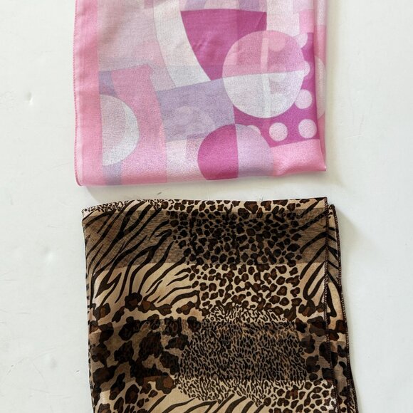 Lot of 2 Women's Scarves Square Pink Brown Silk/ Polyester Floral Small 19" - Picture 6 of 9